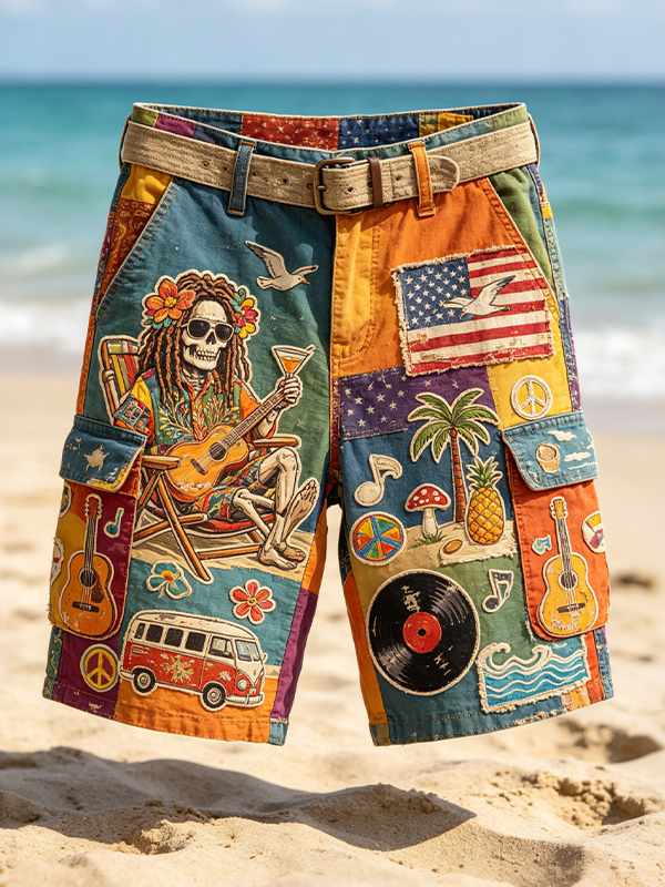 Men's Colorful Hippie Patchwork Music Beach Art Print Casual Shorts