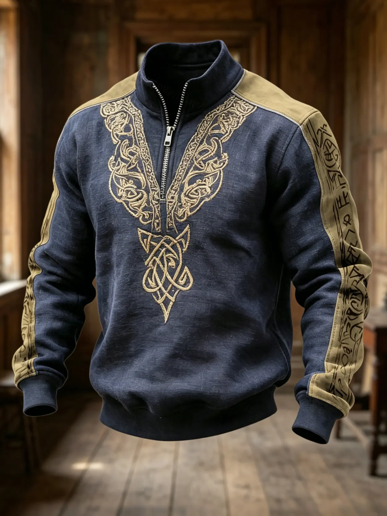 Men's Retro Viking Patchwork Print Half Zip Sweatshirt