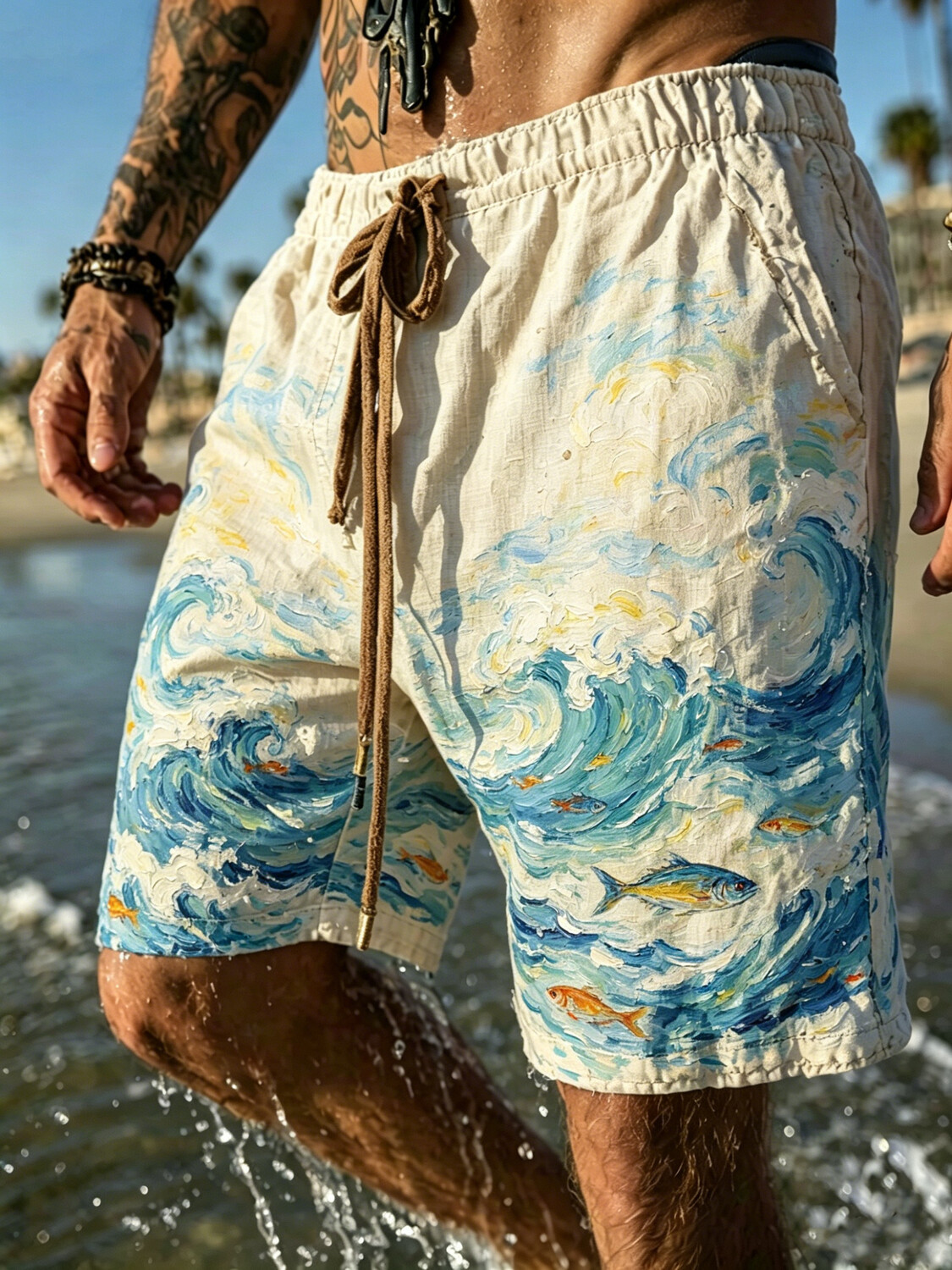Men's Marine Oil Painting Art Print Casual Hawaiian Shorts