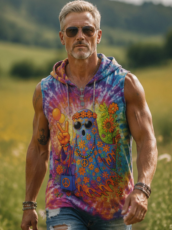 Men's Love And Peace Ghost Tie-Dye Art Print Hooded Tank Top