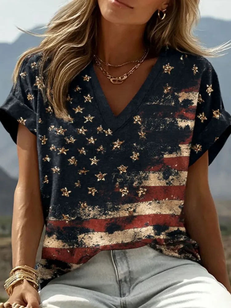Women's Independence Day Retro Stars and Stripes Print Casual V Neck T-Shirt
