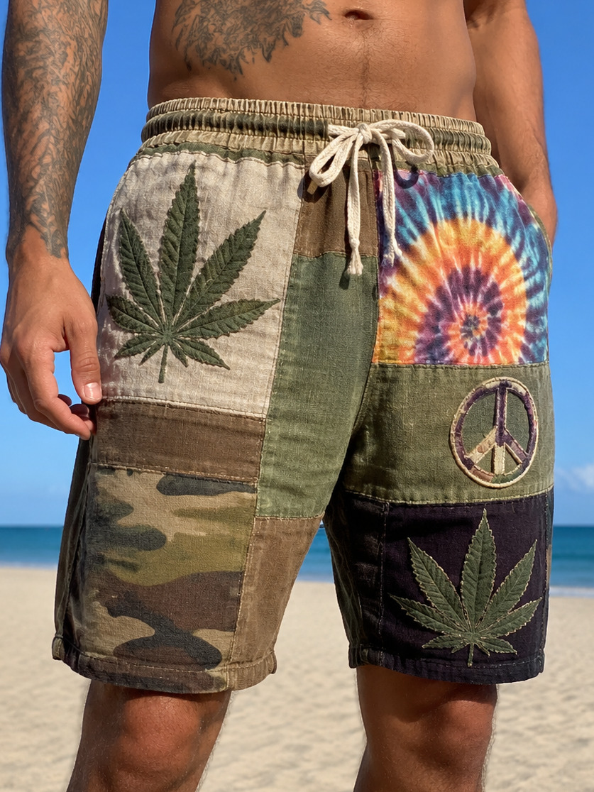 Men's Hippie Patchwork Camo Tie-Dye And Leaf Print Casual Shorts
