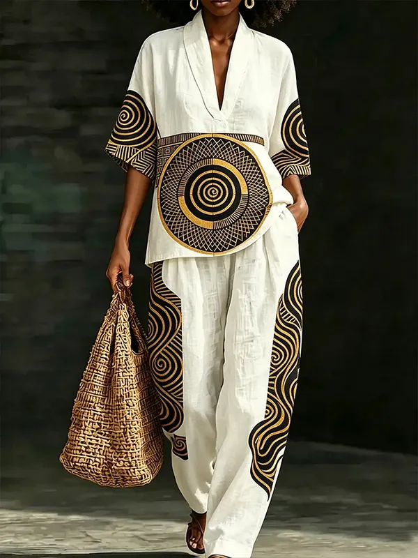 Women's Retro Geometric Pattern Print Deep V Neck Half Sleeve T-Shirt Wide Leg Pants Matching Set