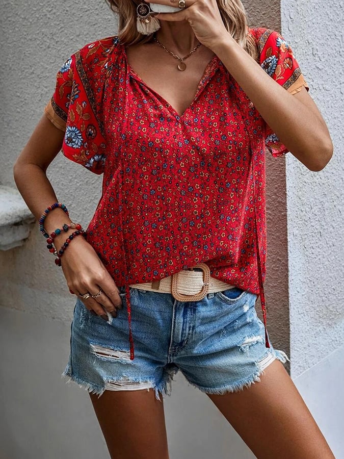 Women's Resort Style Bohemian Print V-Neck Short Sleeve Shirt