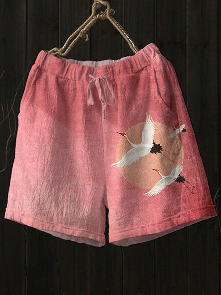 Men's Japanese Art Red-Crowned Crane Print Casual Shorts