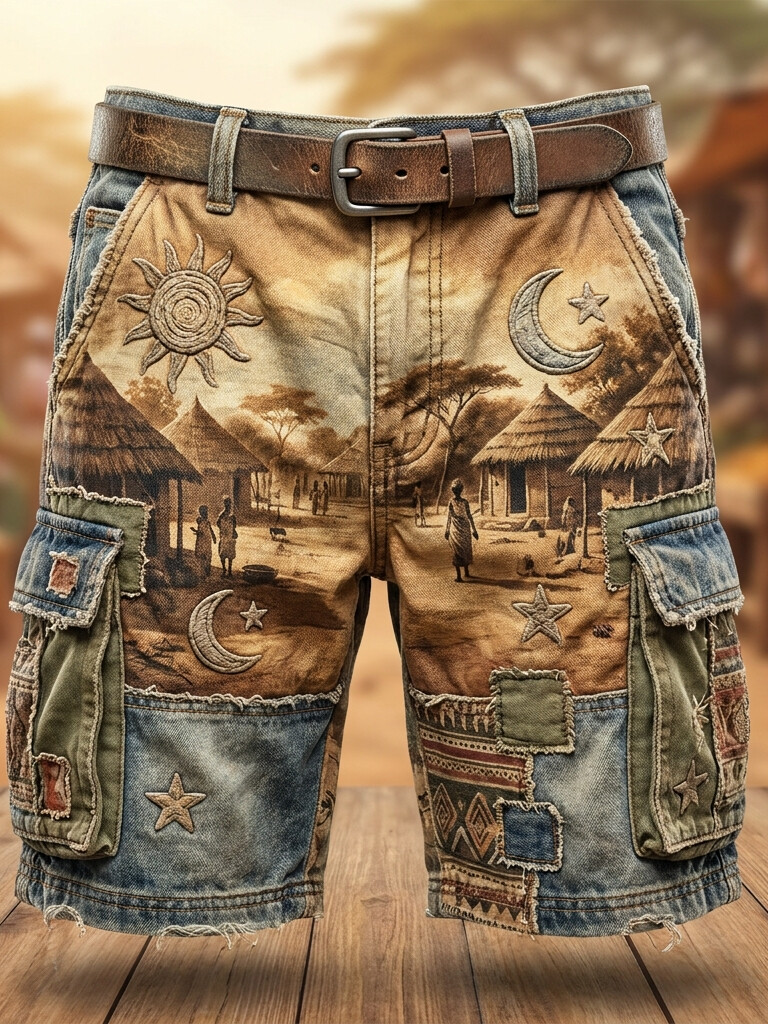 Men's Retro Hippie Art Sun Moon Patchwork Print Cargo Shorts
