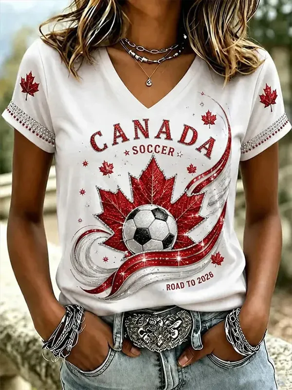 Women's Canada Maple Leaf Rhinestone Soccer Art Print V Neck Short Sleeve T-Shirt