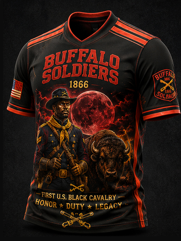 Men's Buffalo Soldiers Honor Duty Legacy Bull Print Casual V Neck T-Shirt