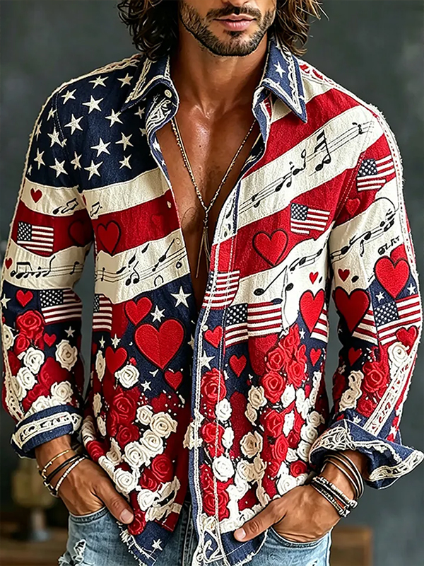 Men's American Flag Music Note & Floral Print Long Sleeve Shirt
