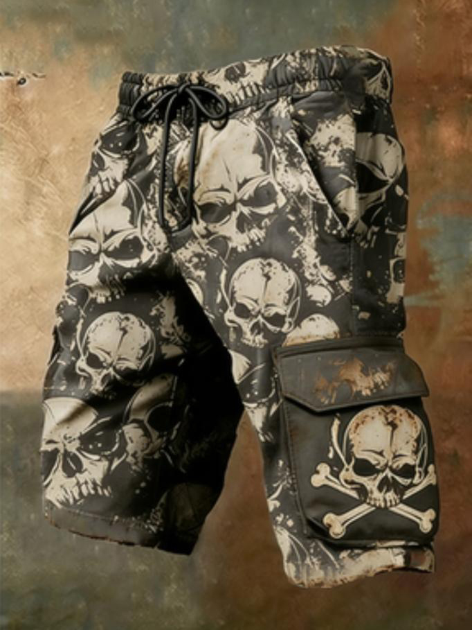 Men's All-Over Skull Camo Vintage Grunge Weathered Print Casual Shorts