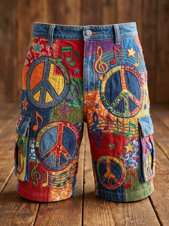 Men's Music Note Peace Sign Patchwork Art Print Casual Shorts