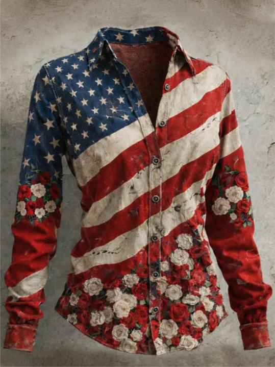 Women's Flag Flowers Art Print Long Sleeve Shirt