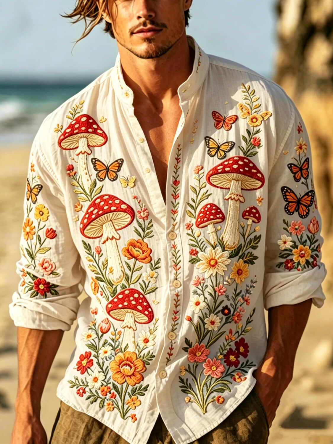 Men's Hippie Mushroom Flower Butterfly Print Long Sleeve Shirt