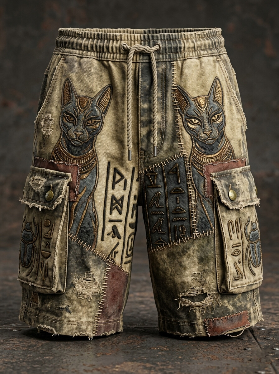 Men's Cat Ancient Egypt Mystical Art Print Drawstring Waist Casual Shorts