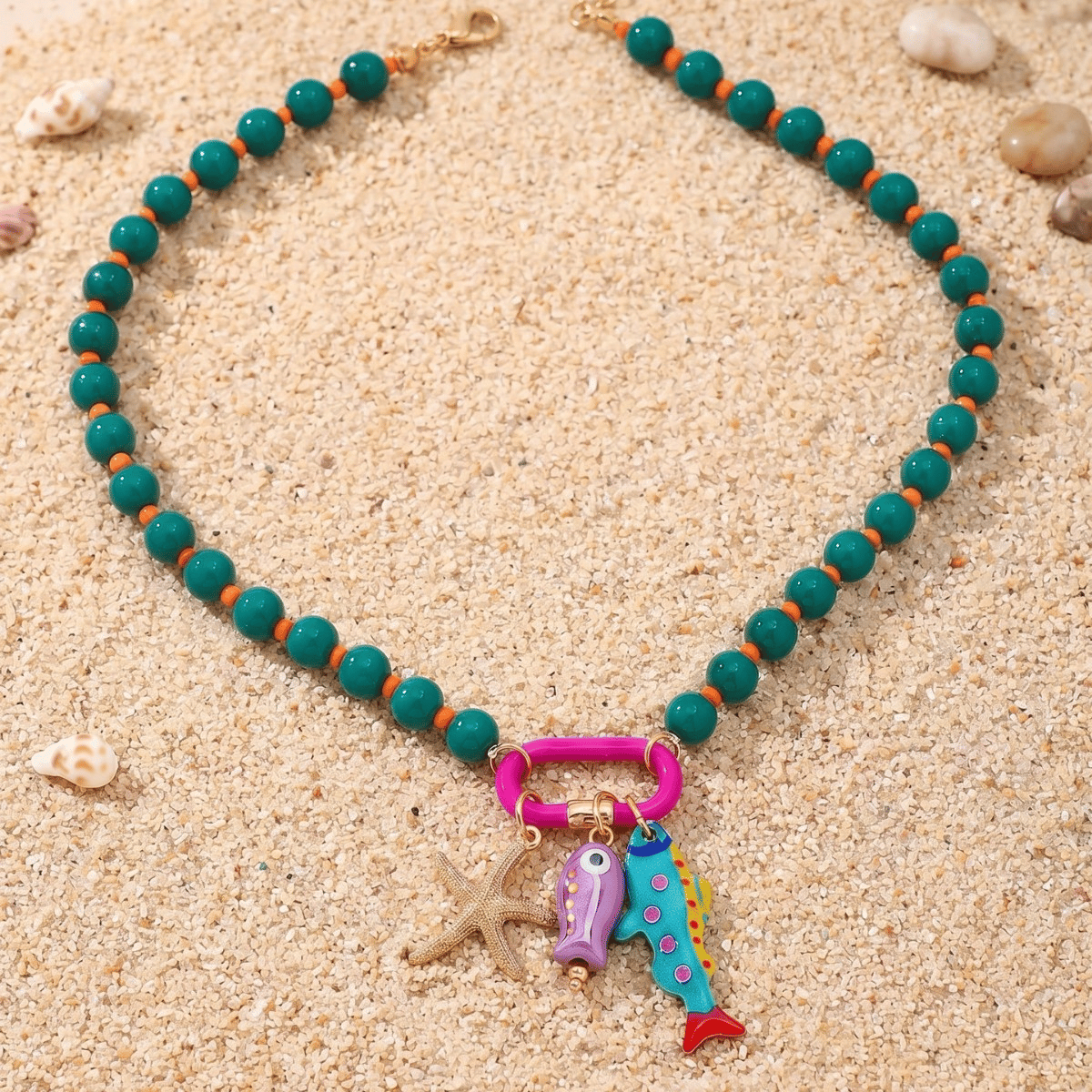 🌈✨3pc Summer Layered Beaded Dopamine Necklace Set 🦀Colorful Fish and Starfish Charms🐠