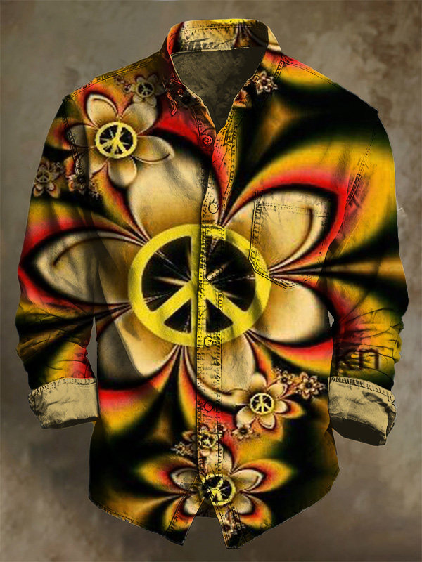 Men's Boho Peace Sign Flower Art Print Pocket Long Sleeve Shirt