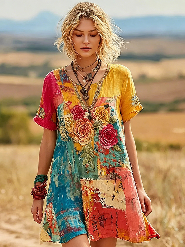 Women's Boho Patchwork 3D Rose Floral Applique Art Print Mini Dress
