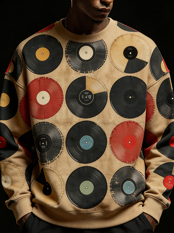 Men's Retro Music Record Patchwork Pattern Art Print Casual Sweatshirt