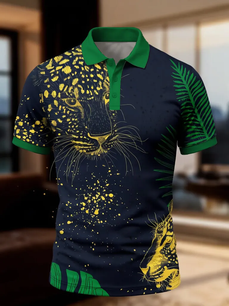 Men's Dual Golden Jaguar Head Splash Ink Tropical Palm Leaf Print Casual Polo Shirt