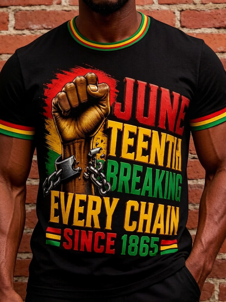 Men's Juneteenth Breaking Chain Fist Rasta Color Print T-Shirt