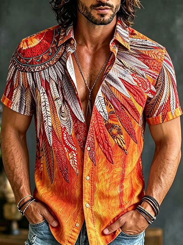 Men's Tribal Feather Flame Print Short Sleeve Shirt