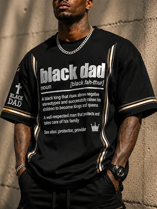 Men's Black Dad Annotation Cross Graphic Print Cotton Casual T-Shirt