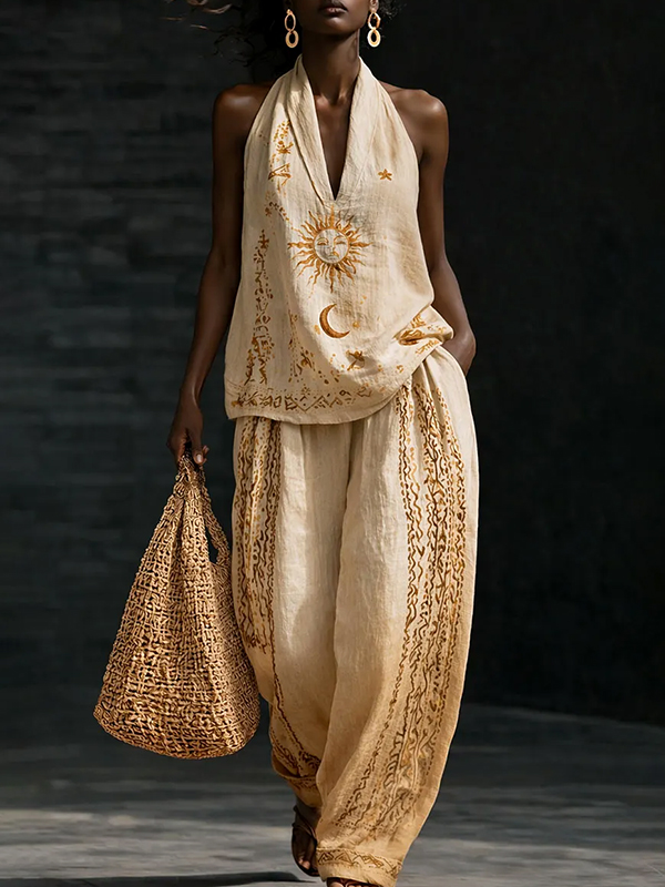 Women's Sun Face Moon Boho Pattern Deep V Neck Sleeveless Top Pants Matching Set