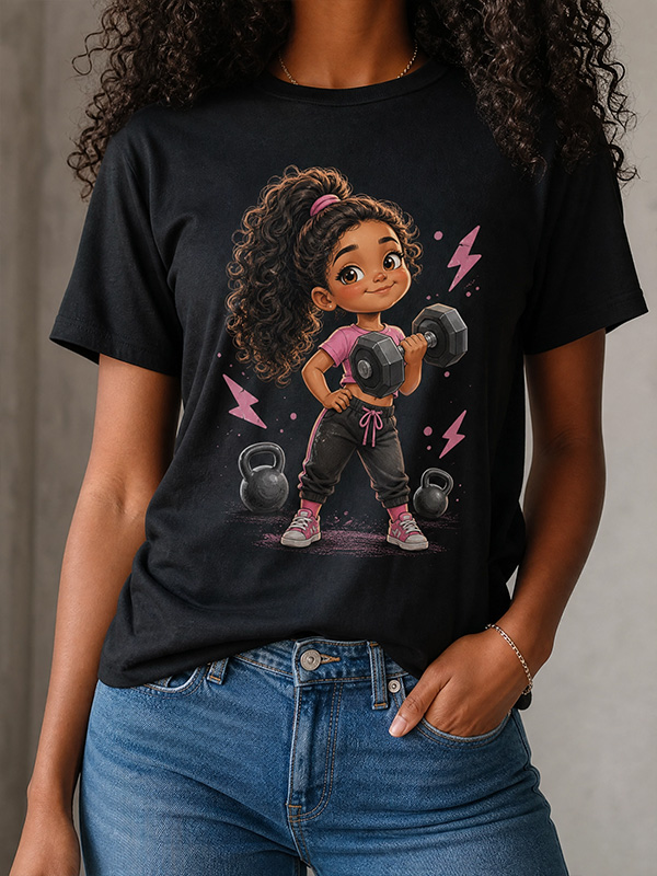 Women's Cute Curly Hair Dumbbell Lifting Fitness Girl Lightning Art Print Casual T-Shirt