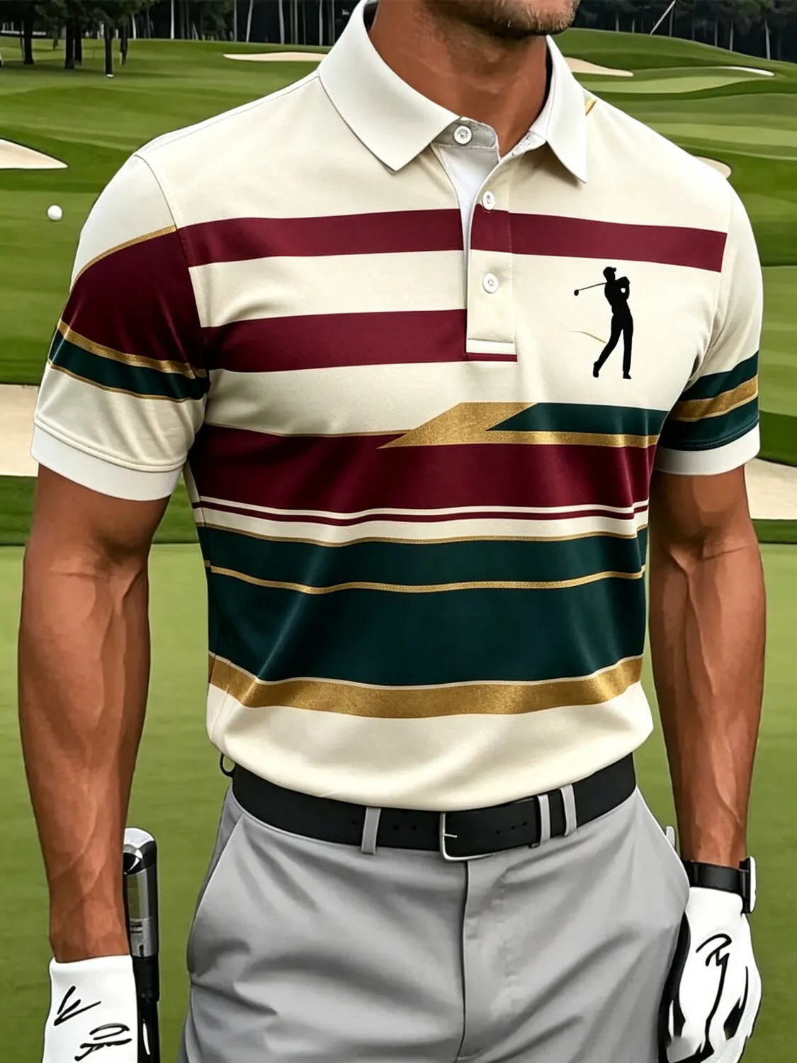 Men's Stripe Golfer Silhouette Art Print Polo Shirt