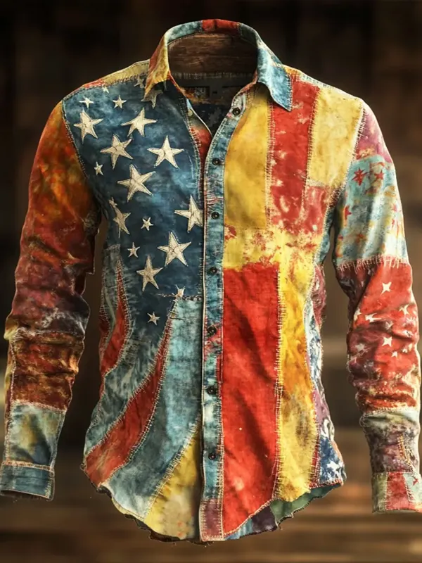 Men's American Flag Patchwork Tie-Dye Art Print Long Sleeve Shirt