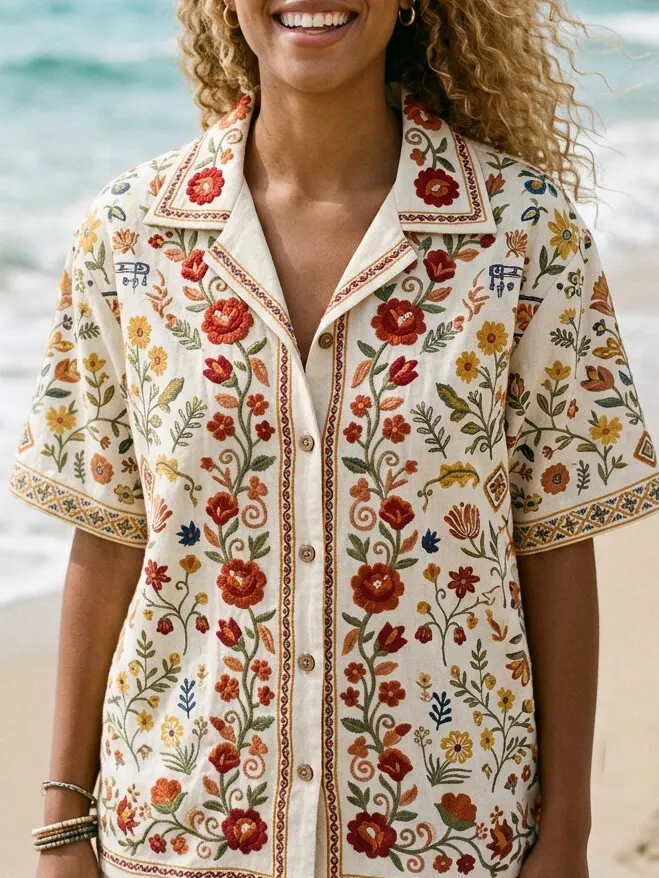 Women's Boho Ditsy Floral Botanical Art Print Short Sleeve Shirt