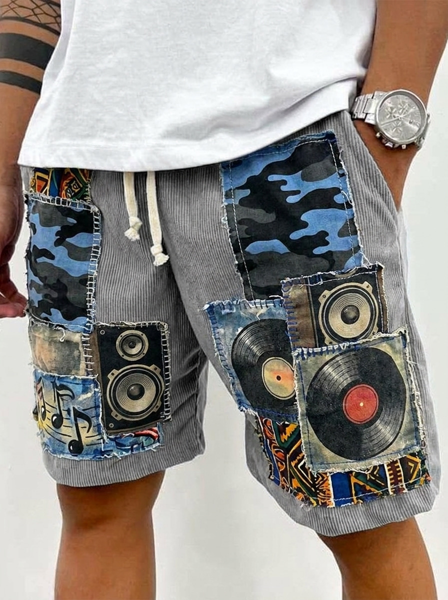 Men's Retro Hip-Hop Boombox Record Camo Patchwork Print Casual Shorts