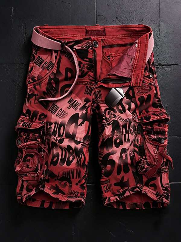 Men's Vintage Red Graffiti Letter Art Print Casual Shorts