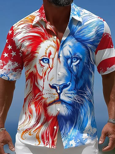 Red Blue Split Lion USA Flag Star Art Print Men's Shirt, 4th of July Star Spangled Banner Style