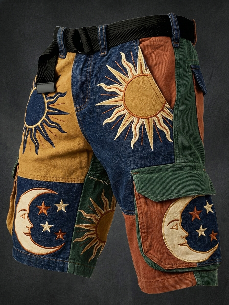 Men's Hippie Sun Moon Star Printed Denim-Like Cargo Shorts