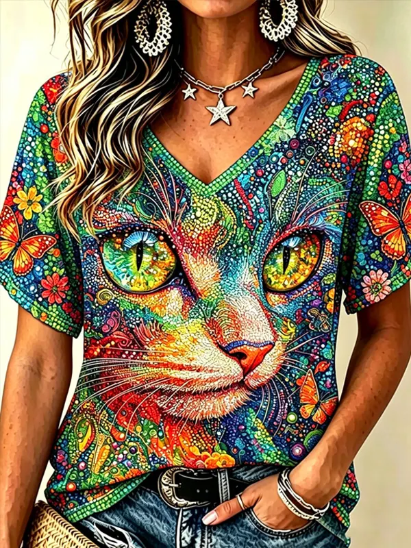 Women's Rainbow Dot Art Cat Floral Butterfly Print V Neck Short Sleeve T-Shirt