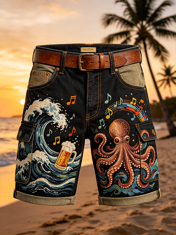 Men's Sea Wave Octopus Beer Graphic Print Cargo Shorts