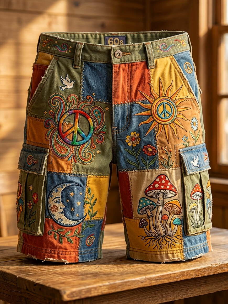 Men's Colorblock Hippie Sun Moon Mushroom Print Cargo Shorts