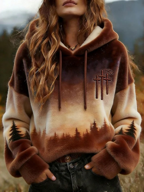 Women's Forest Jesus' Cross Art Print Flannel Hoodie