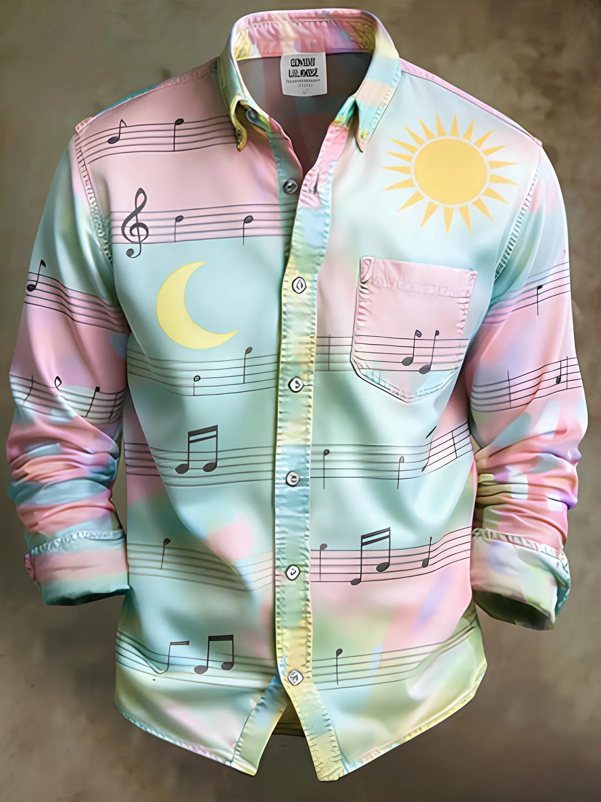 Men's Musical Notes Sun Moon Graphic Ombre Print Long Sleeve Shirt