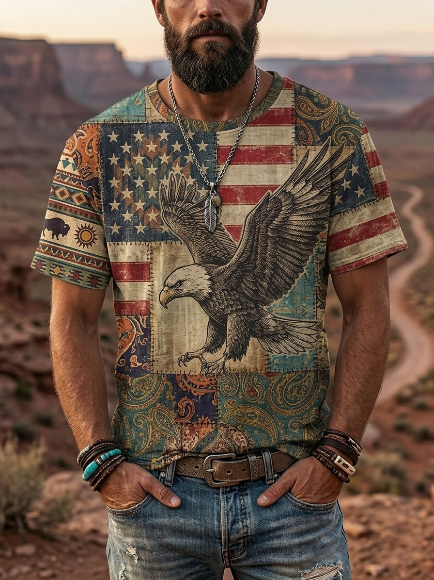 Men's American Flag Bald Eagle Retro Paisley Collage Art Print Casual T-Shirt