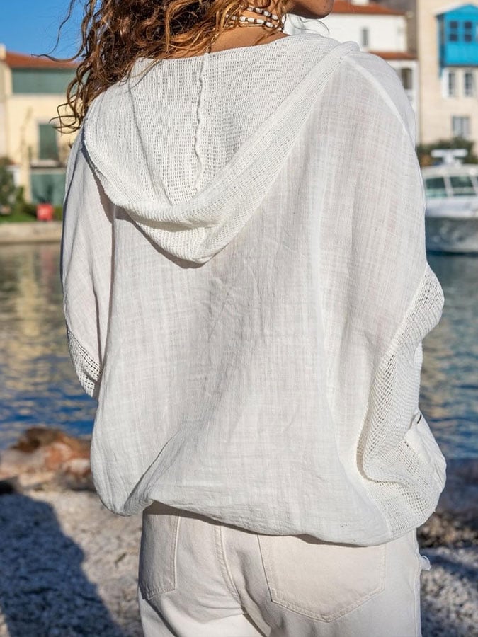 Women's cotton and linen casual hooded shirt