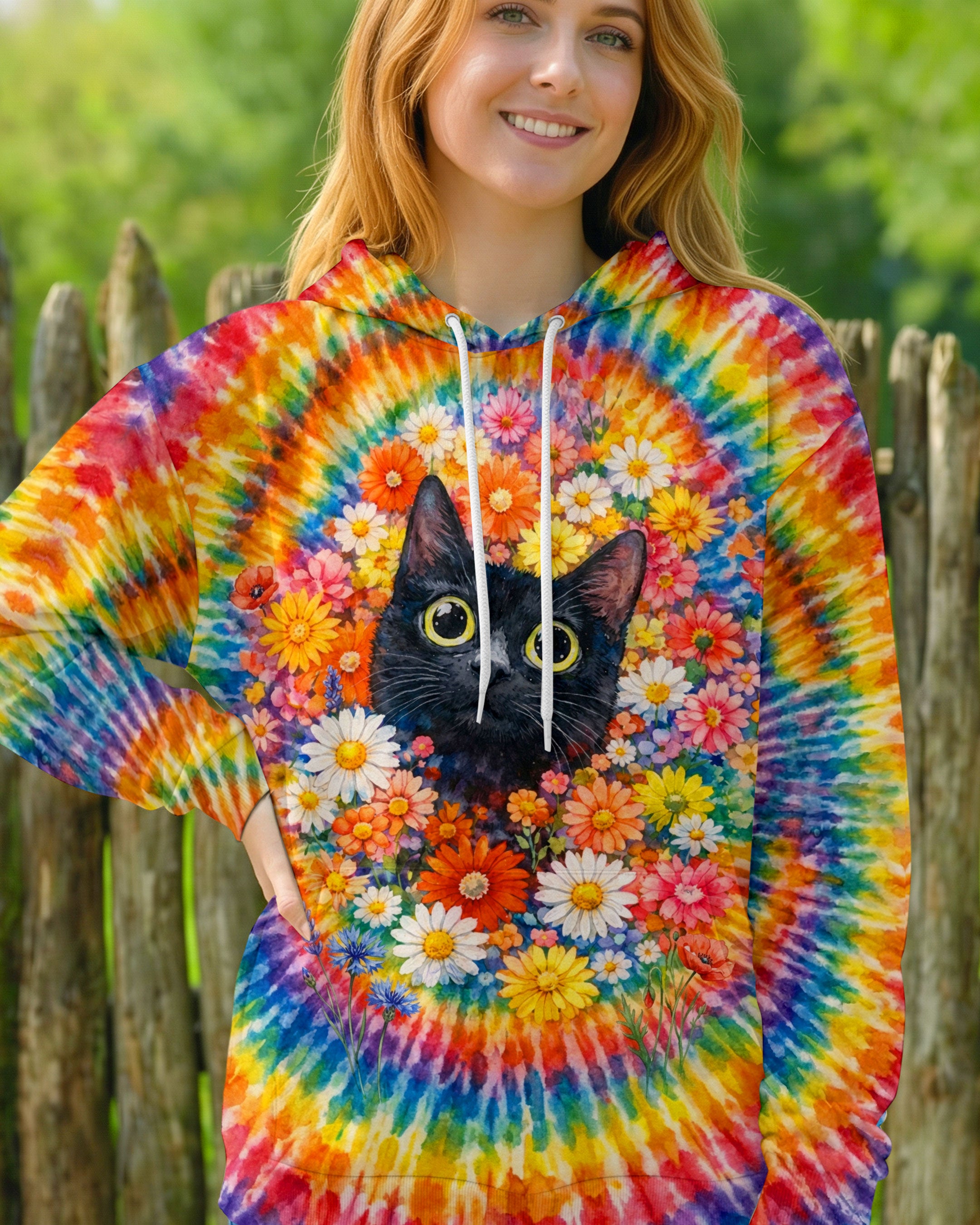 BLACK CAT WITH FLORAL SWIRL ALL OVER PRINT - TLHN0403262