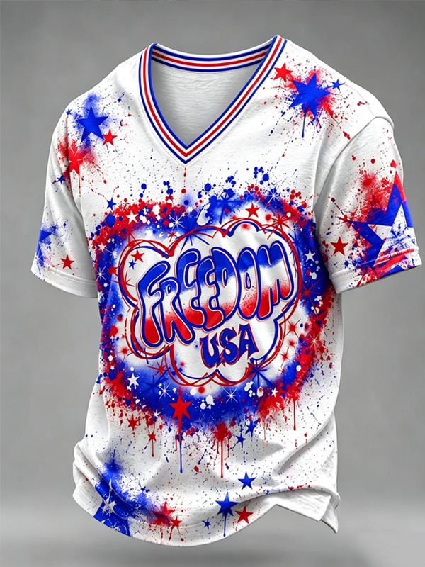 Men's Freedom USA Stars Tie-Dye Print Casual V Neck T-Shirt