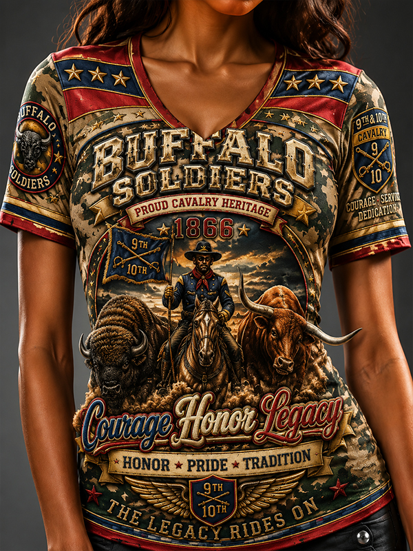 Women's Buffalo Soldie Camo Patchwork Print Casual V Neck T-Shirt