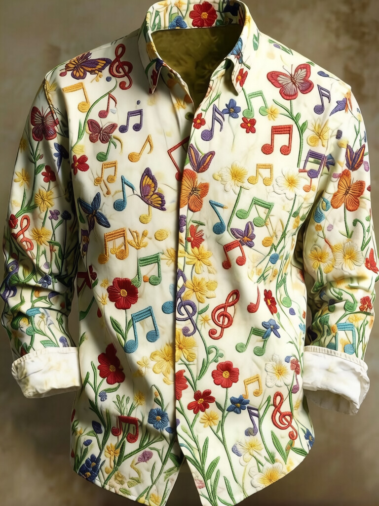 Men's Floral Butterfly Music Notes Print Long Sleeve Shirt