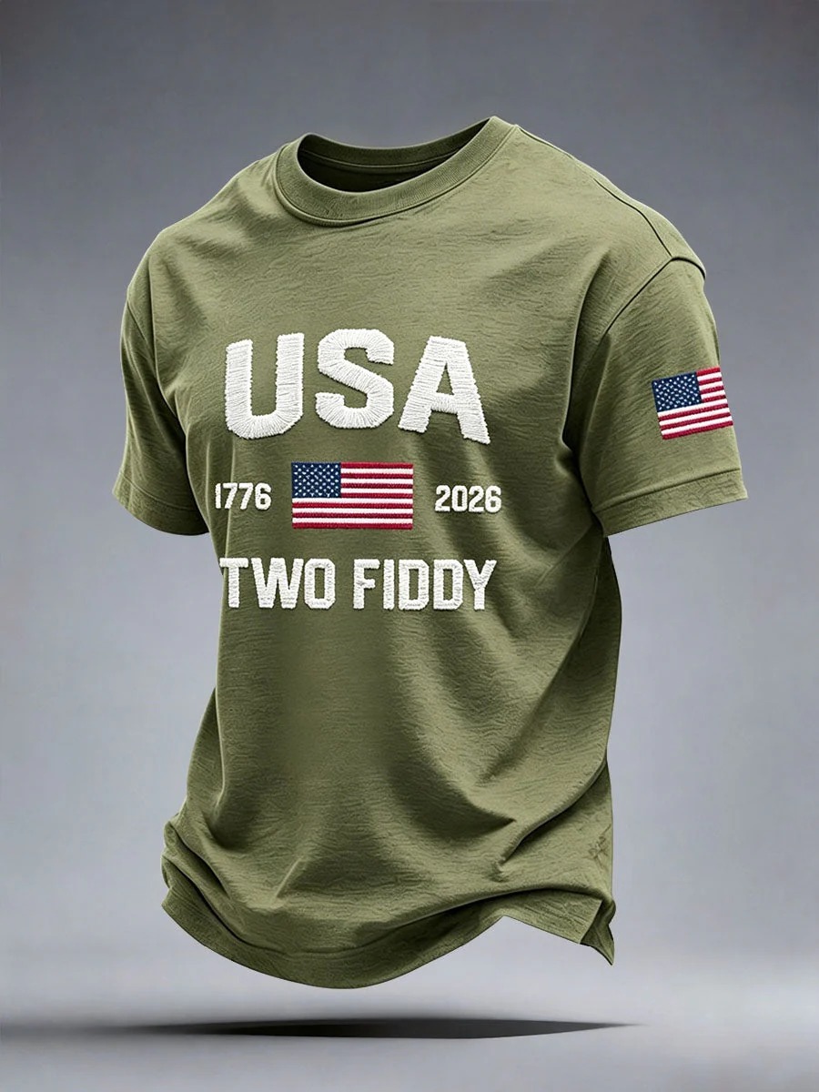 Men's USA 1776 Two Fiddy Frayed Letter Patch American Flag Print Cotton Casual T-Shirt