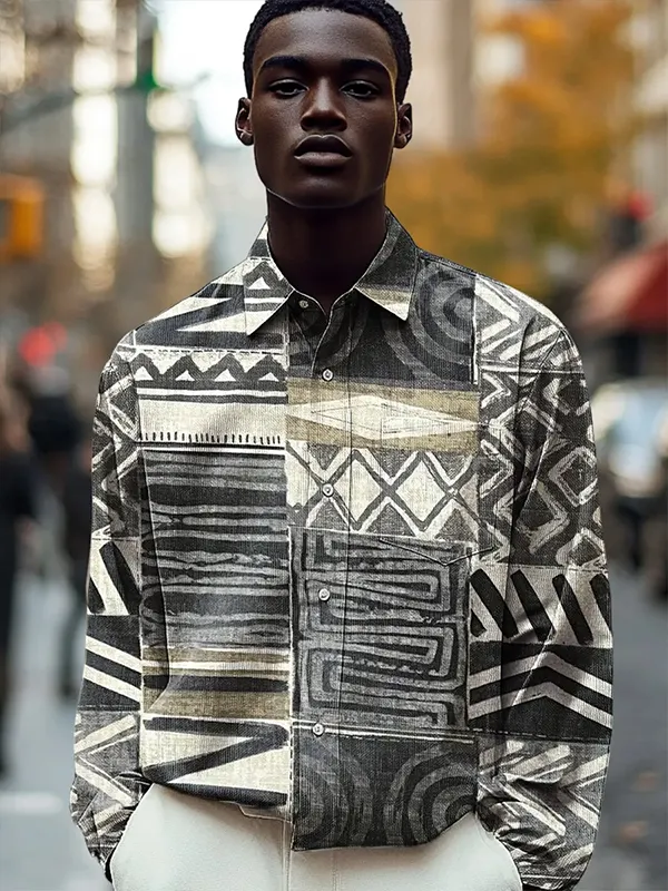 Men's African Art Ethnic Geometric Pattern Print Long Sleeve Shirt