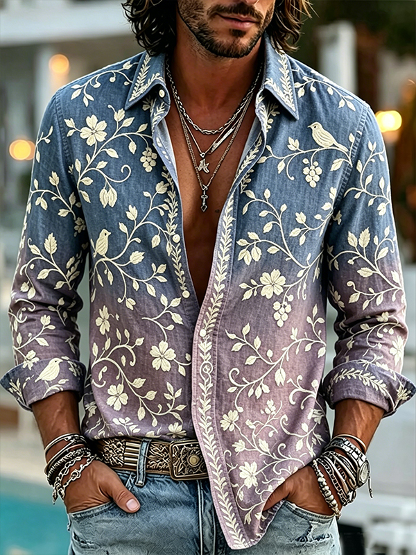 Men's Gradient Floral And Bird Print Long Sleeve Shirt
