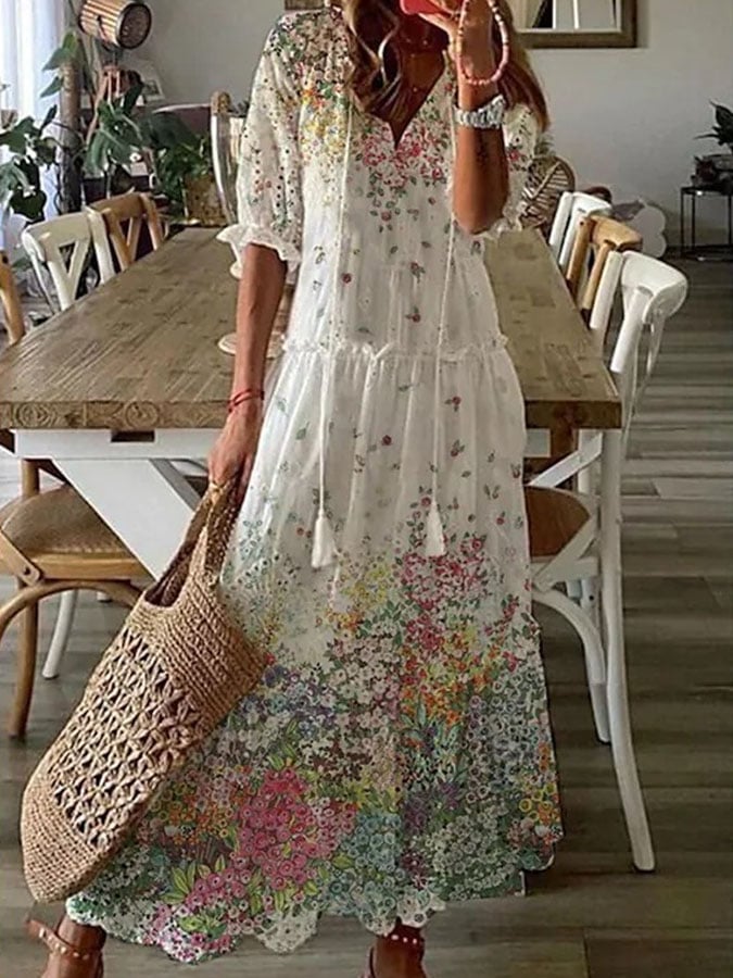 Women Long Sleeve Ruffle Print Long Dress